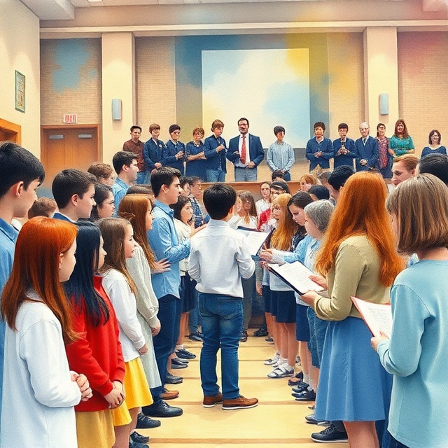 Students singing in a school hall with a music teacher